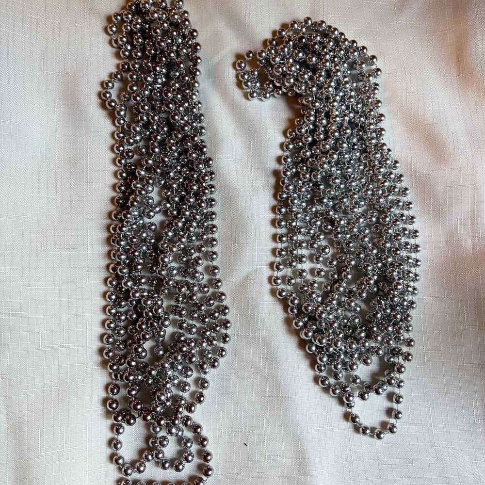 Vintage Silver Ball Christmas Garland 32 Ft Plastic Bead Tree Decor Retro